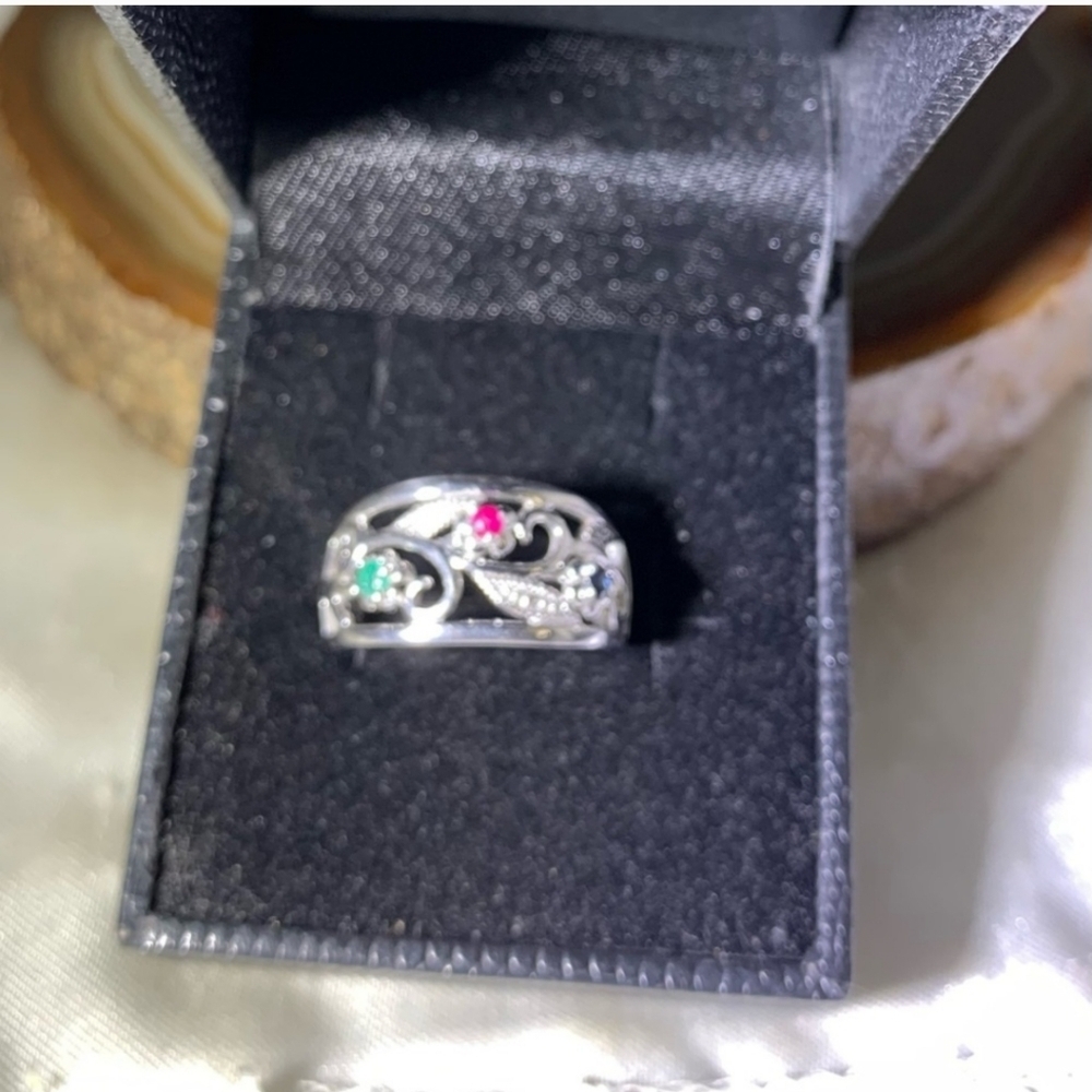 Vintage handmade Ruby/Emerald/ Sapphire .925 Gothic Ring size 6
